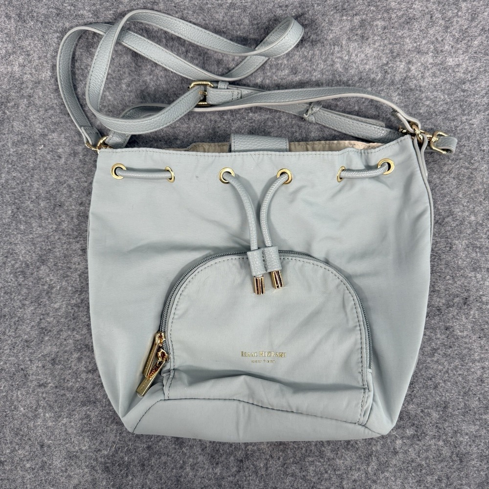 Isaac Mizrahi Crossbody Shoulder Bag Bucket Purse Drawstring Snap Close Blue